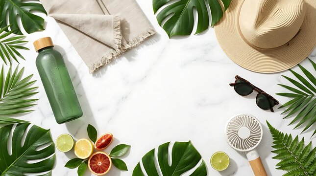Summer Heat Wave Essentials with Water Bottle Fan and Tropical Leaves