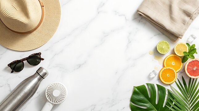 Heat Wave Essentials Flat Lay with Cooling Accessories on Marble