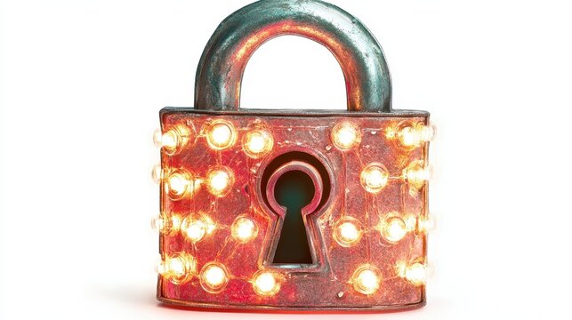 Vintage Lock Icon Illuminated with Glowing Lights Representing Network Security