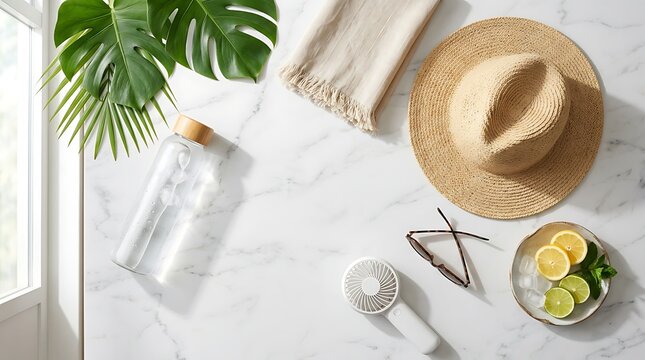 Summer Heat Wave Cooling Essentials Flat Lay on White Marble