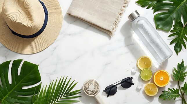 Heat Wave Essentials for Summer Cooling on Marble Background