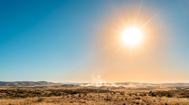Intense Sun Over Dry Desert Hills during Extreme Heat Wave