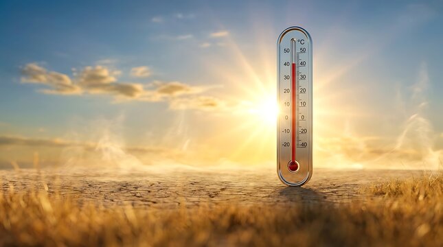 Thermometer on Cracked Ground During Intense Summer Heat Wave