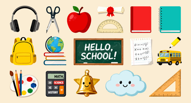 Set of Colorful School Supplies and Educational Icons for Creative Classroom Projects and Academic Student Learning Materials