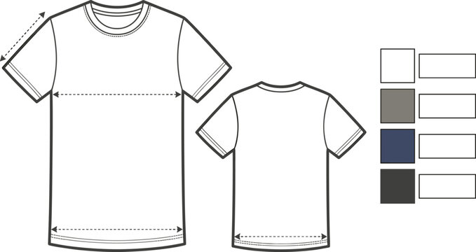 Tshirt size chart vector template with measurement lines front and back view blank layout table mockup isolated on white background flat design