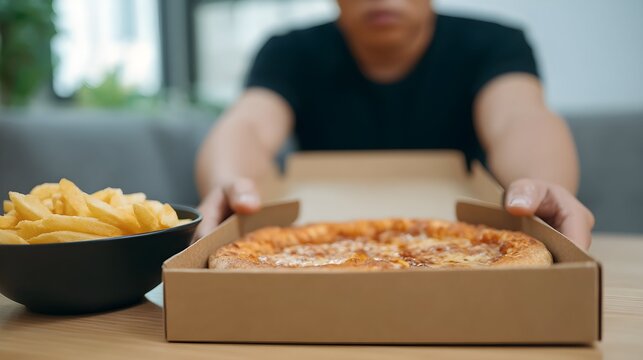 Food vlogger opening a fresh pizza box for review or promotion