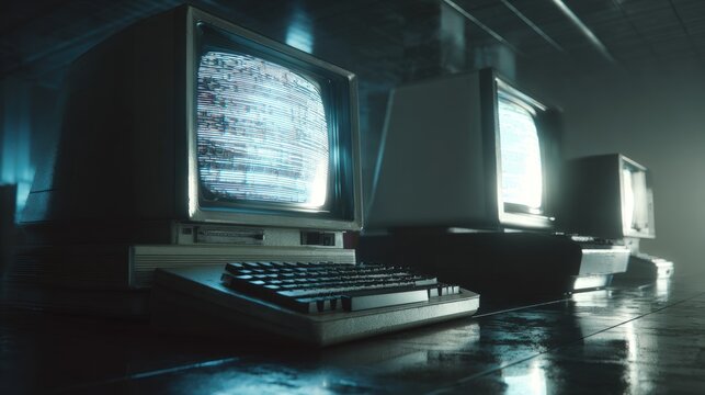 Vintage computer setup with glowing static screens in dark room