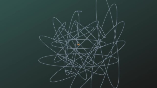 Abstract atomic orbitals animation: rotating scientific particle model with glowing energy core for physics and technology backgrounds 4k