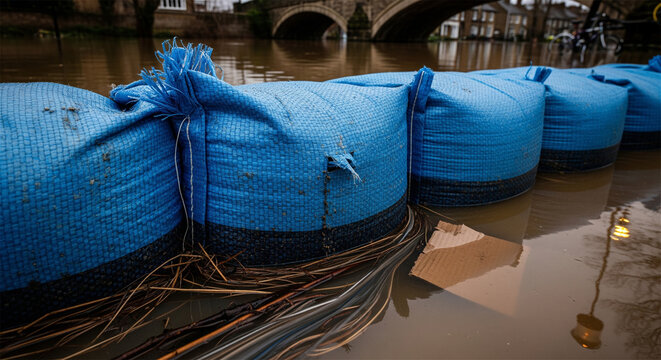 Blue sandbags flood defense barrier, emergency flood protection wall in rising river water, temporary flood prevention measures