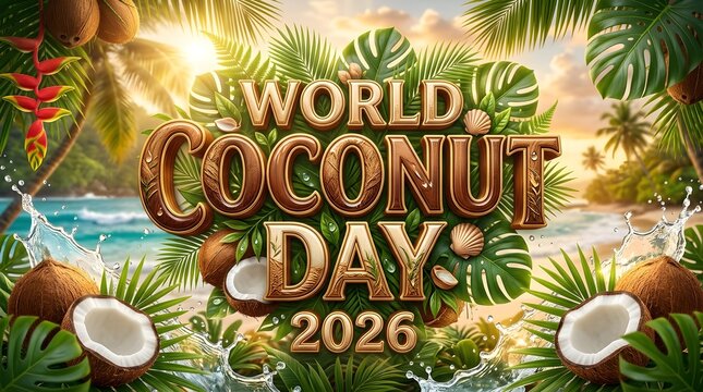 World Coconut Day 2026 poster with coastal flowers and coconuts