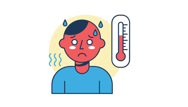 Sick young man with a bright red face shivers from a high fever next to a thermometer indicating a hot climate.