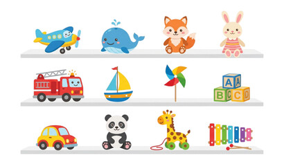 Fototapeta premium Cute Nursery Toy Shelf Vector Set with Airplane Fire Truck Plush Animals Alphabet Blocks and Musical Toys