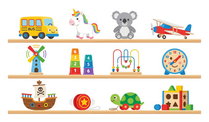 Naklejka premium Playroom Toy Shelf Vector Illustration with Space Shuttle Dragon Rocking Horse Castle Owl and Puzzle Toys