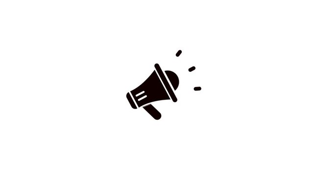 A solid black of a megaphone emitting sound waves is positioned in the center against a clean white background, symbolizing broadcasting and public address