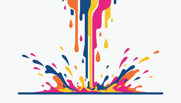 Vibrant abstract paint splash and colorful liquid stream falling down onto a flat blue surface with big droplets.