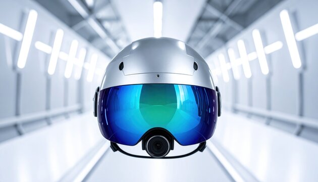 Futuristic silver helmet with blue visor and integrated camera in a modern tunnel with lights