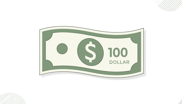 Stylized waving one hundred dollar banknote illustration isolated on a light gray background with stripes.