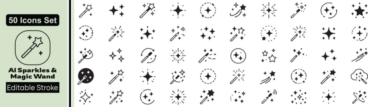 Set of 50 AI Sparkles & Magic Wand Editable Line Icons