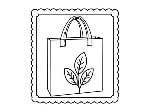 Eco-friendly reusable shopping bag with leaf symbol in a scalloped frame line art illustration for sustainable living and environment protection