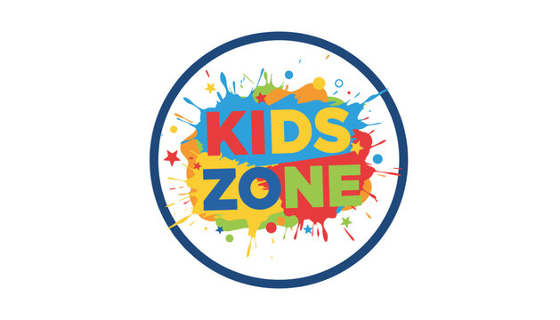 Vibrant kids zone circular logo with colorful paint splatters, playful letters and star elements on white.