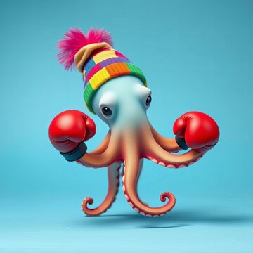 Cuddle octopus in colorful hat and boxing gloves against light blue background, tentacles curled playfully, illustration, underwater