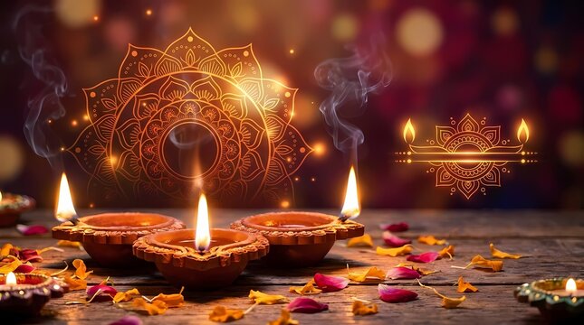 Burning oil lamps and mandala for Diwali celebration.
