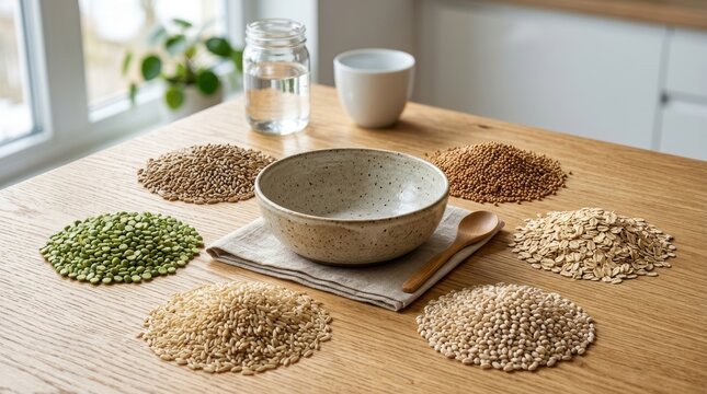 Assorted Grains and Seeds Displayed on Wooden Table in Kitchen.