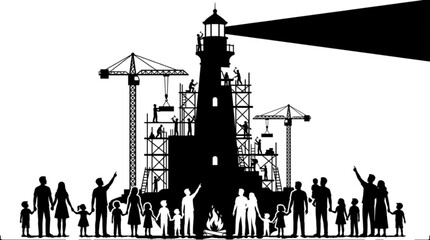 Obraz premium Silhouette of Workers Constructing Towering Lighthouse Against Sunset Sky