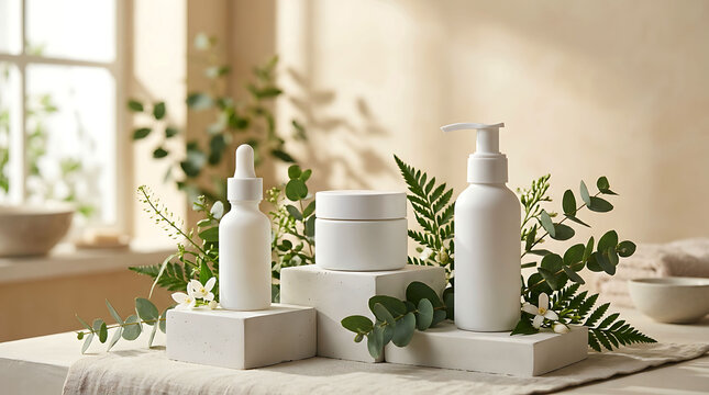 Blank White Skincare Cosmetic Packaging Mockup With Botanical Spa Wellness Product Display
