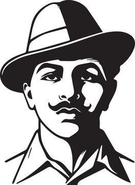 Portrait silhouette of Bhagat Singh famous Indian revolutionary leader wearing traditional hat vector art for historical commemorative design projects.