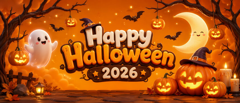 Happy Halloween 2026 banner with cute ghost, pumpkins, moon and autumn trees