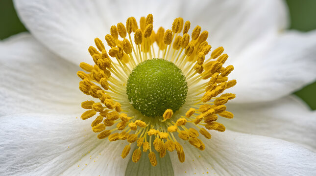 Macro of white anemone flower center