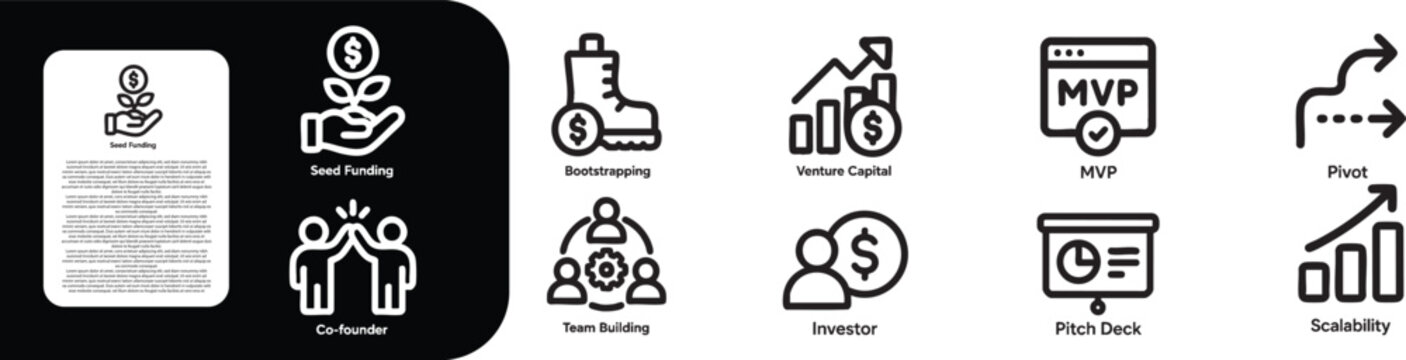 Business and Growth Icons Set, MVP (Minimum Viable Product), Pivot, Scalability, Pitch Deck Investor, Seed Funding, Bootstrapping, Venture Capital, Co-founder, Team Building.