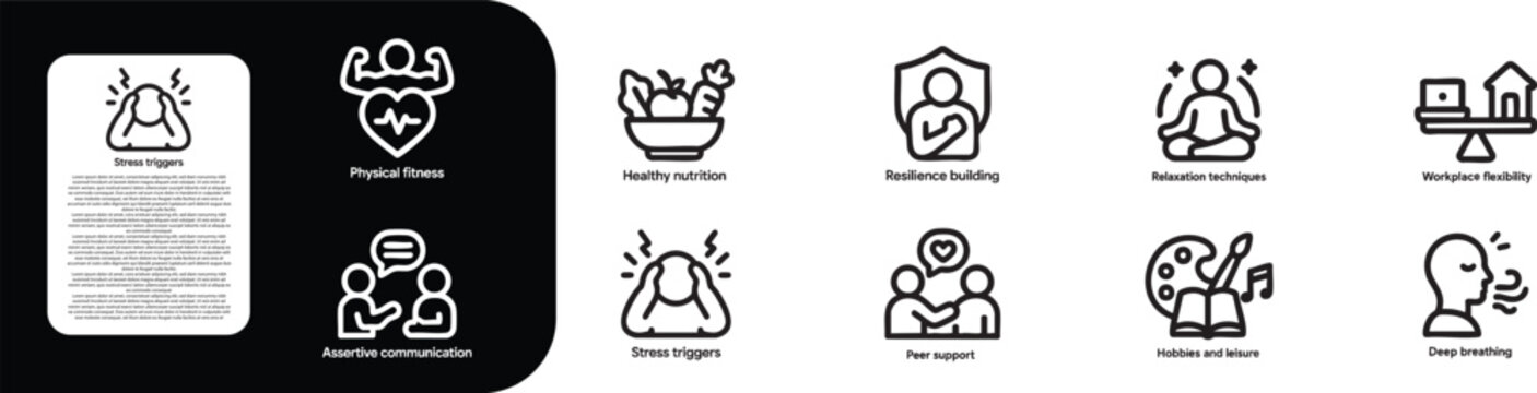 Wellness and Mental Health Icons Set,  Physical fitness, Healthy nutrition, Resilience building, Assertive communication, Stress triggers, Relaxation techniques, Workplace flexibility, Deep breathing,