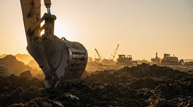 A heavy industrial escavator bucket resting on a pile of dirt at a construction site with heavy machinery silhouettes during a beautiful golden sunset