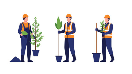 Fototapeta premium Three construction workers in safety vests and hard hats planting trees in pots, illustrating environmental conservation efforts.