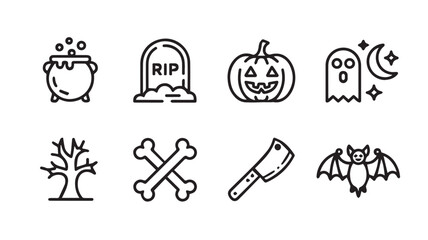 Fototapeta premium Halloween icons feature a cauldron, tombstone, pumpkin, ghost, tree, bones, butcher knife, and bat.