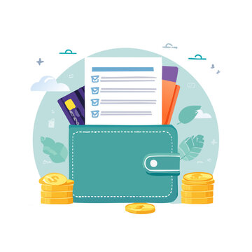 Flat vector illustration of wallet with money and documents