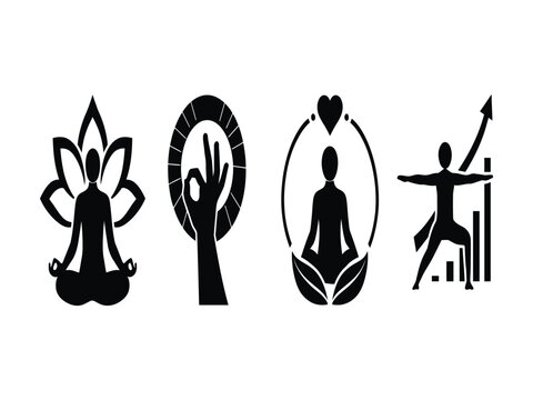 Black and white yoga and meditation icons set featuring mindfulness, wellness, spiritual growth, lotus pose, and healthy lifestyle design elements