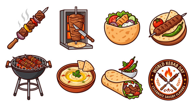 Vector illustration of Middle Eastern food icons including grilled kebabs, shawarma, and hummus on a white background.