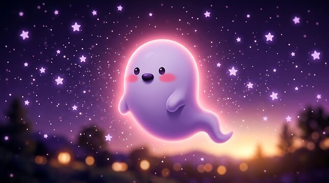 Cute Ghost Floating in Starry Night Sky for Halloween Celebration Background