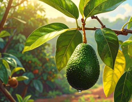 Close-up of a vibrant, green avocado hanging from a branch, surrounded by lush leaves and a sunlit orchard background