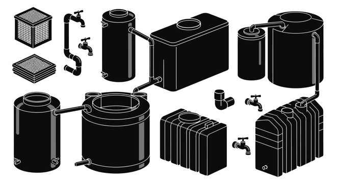 Collection of water tanks and plumbing components in isometric view.