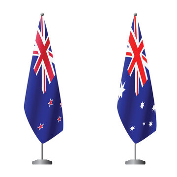 New Zealand and Australia flags on flagpoles for official ceremonies and meetings, transparent background vector
