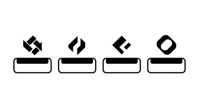 Four abstract geometric symbols above white rectangles.