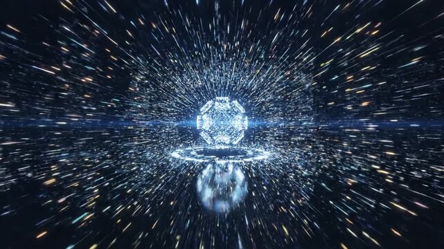A glowing crystal ball bursts with light and energy in a dark space