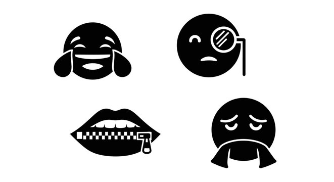 Four black emoji icons representing different emotions and communication styles.