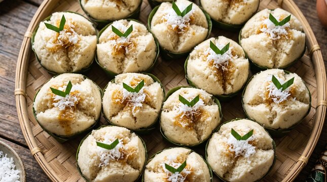 Traditional Indonesian steamed sweet rice cakes called kue apem kukus or kue mangkok, served in banana leaf cups on a woven bamboo tray topped with grated coconut and pandan leaf.