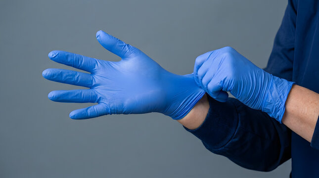 Healthcare worker donning protective blue gloves