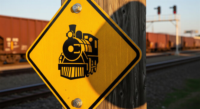 Vintage railway crossing sign with steam engine icon, yellow railroad warning signal at sunset, industrial freight train yard background